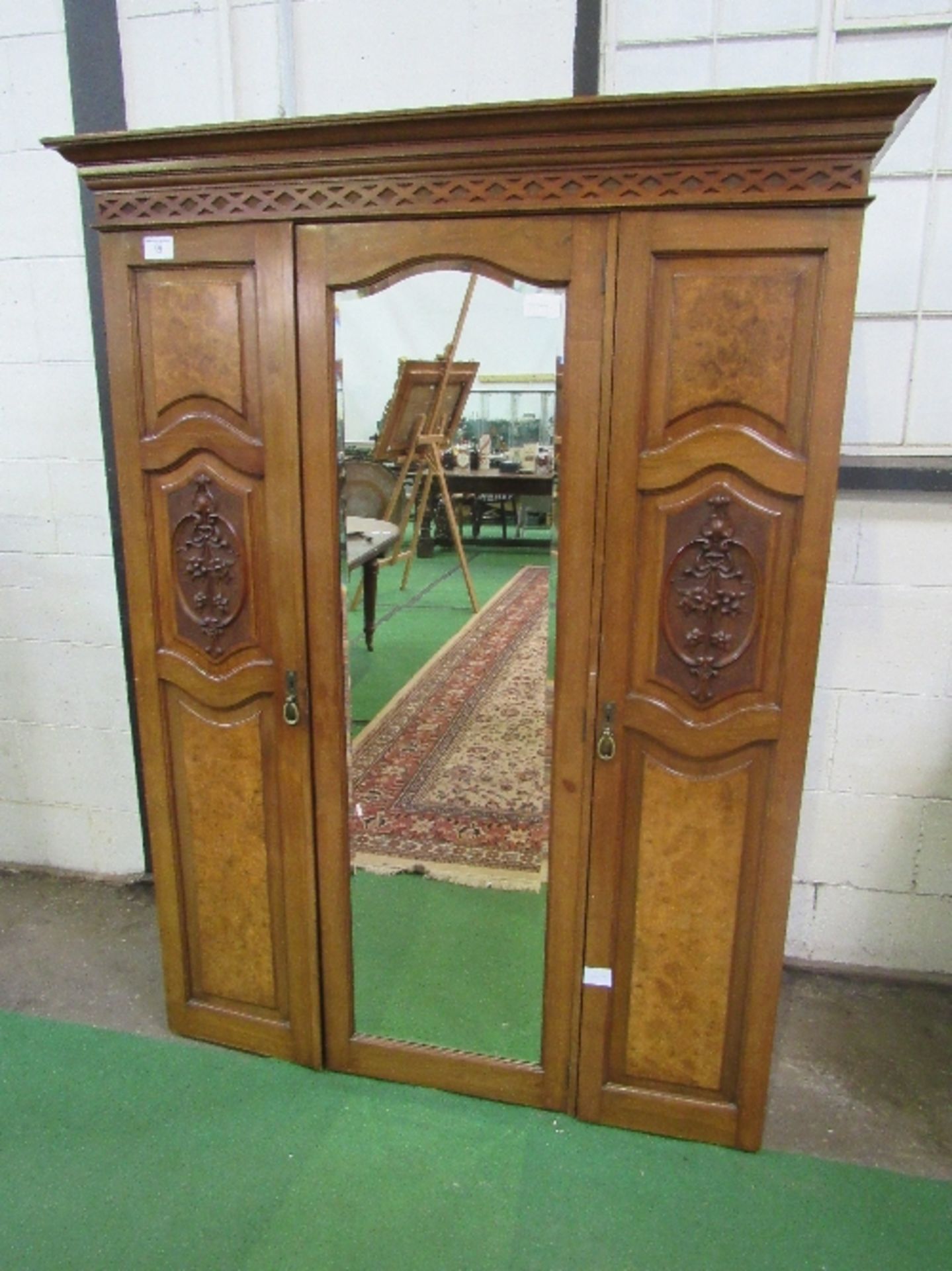 Mahogany double fronted wardrobe with mirror door, walnut & applied carved panels & interior