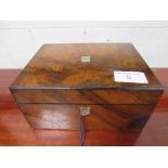 Victorian cross-cut walnut writing slope with glass inkwell, working lock & key. Estimate £40-60