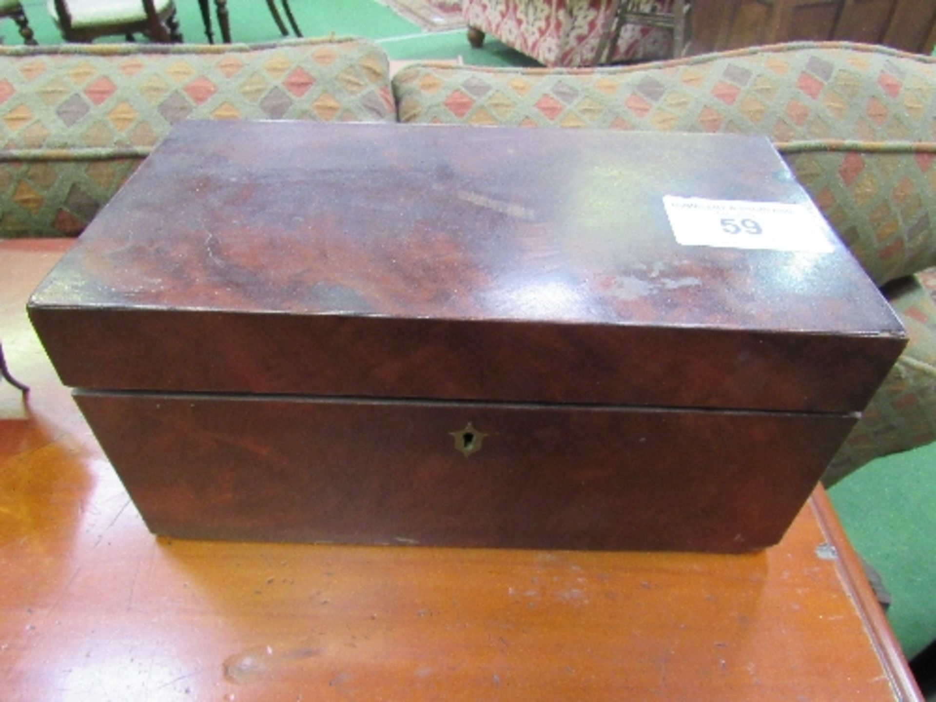 Mahogany tea caddy - 2 containers (bowl missing). Estimate £40-60