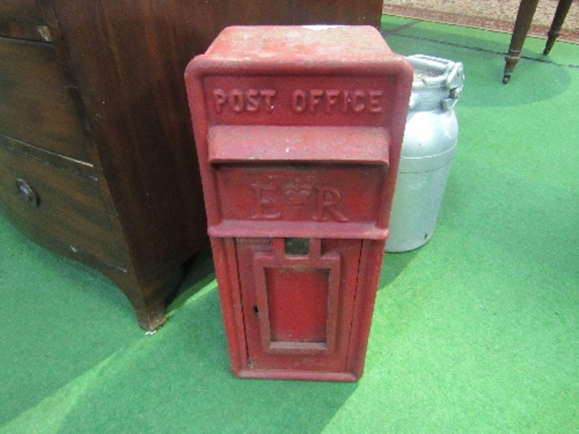 Aluminium milk churn & an original red post box. Estimate £70-90