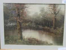 Gilt framed oil on canvas, Italian wood & lake, signed by the artist, 75cms x 95cms. Estimate £20-