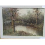 Gilt framed oil on canvas, Italian wood & lake, signed by the artist, 75cms x 95cms. Estimate £20-