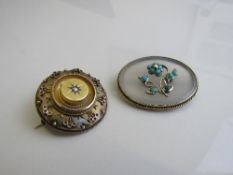 Antique gold coloured metal circular brooch with central diamond & another antique gold coloured