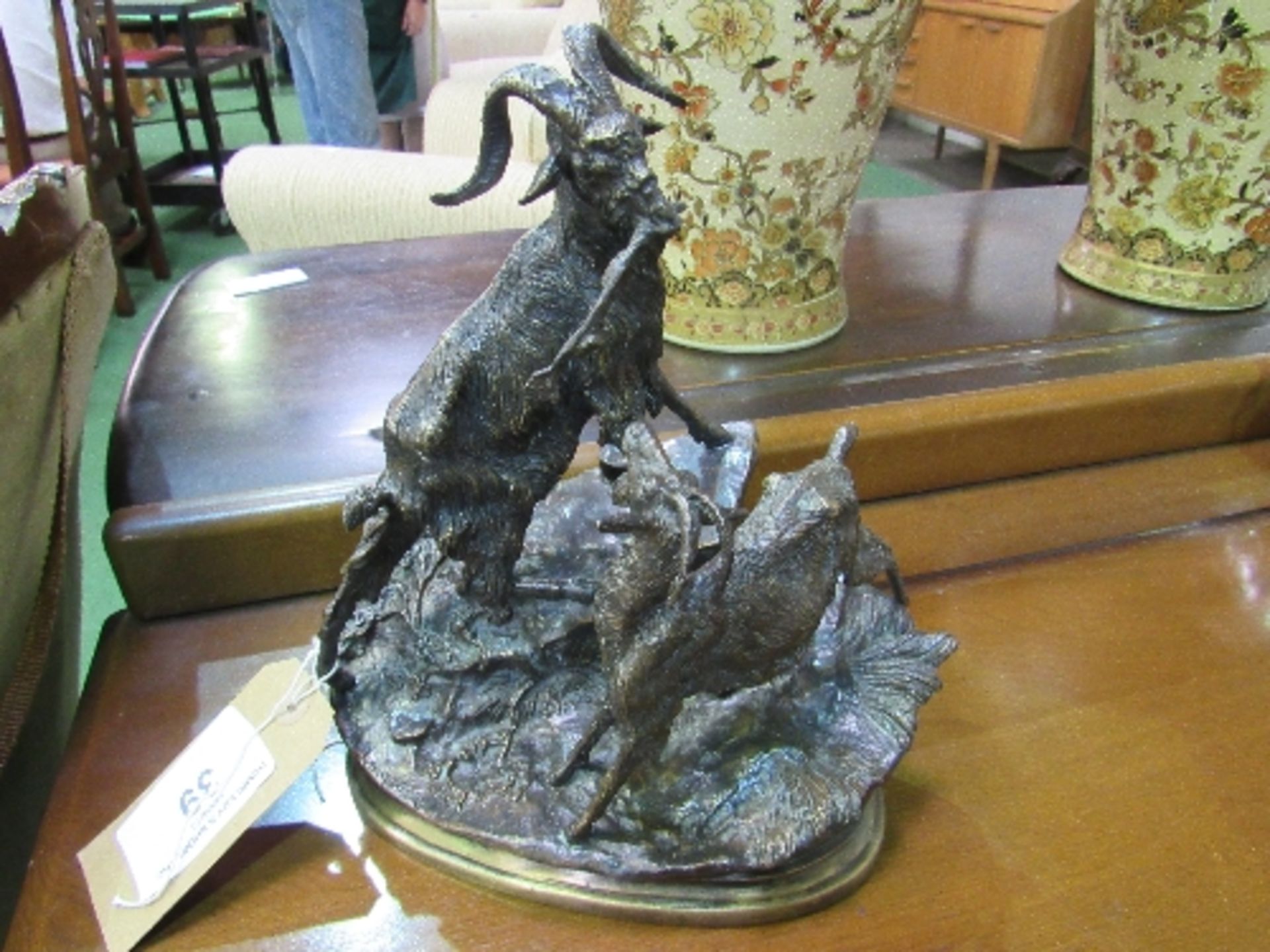 French 19th century bronzed figurine of mountain goats on a rocky outcrop, signed on base, Jules