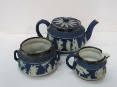 Wedgwood Jasper ware teapot, milk jug & sugar bowl with silver rims, marked Chester 1908 (sugar bowl