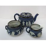 Wedgwood Jasper ware teapot, milk jug & sugar bowl with silver rims, marked Chester 1908 (sugar bowl