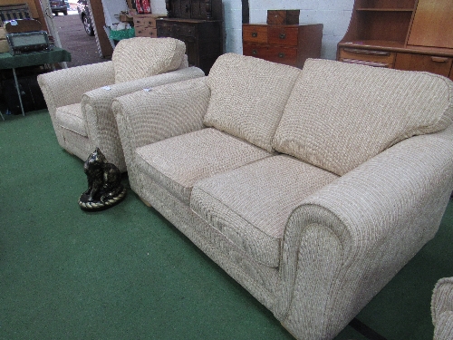 Beige upholstered 2 seat sofa together with 2 matching armchairs. Estimate £40-60