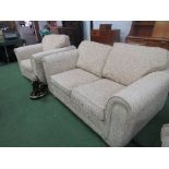 Beige upholstered 2 seat sofa together with 2 matching armchairs. Estimate £40-60
