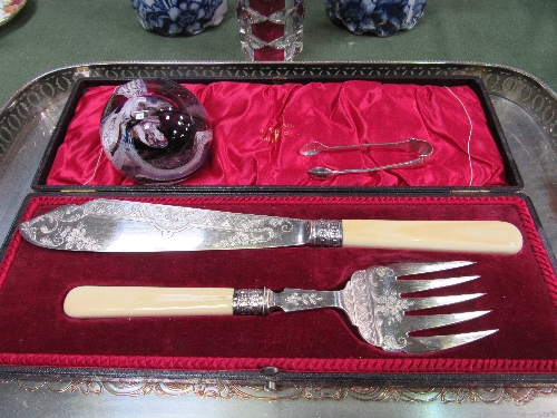 Bone handled fish servers in box by Walker & Hall; Caithness paperweight; silver sugar tongs; French - Image 2 of 4