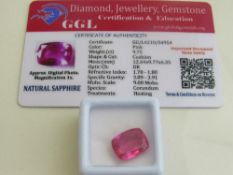 Natural cushion cut loose pink sapphire, 9.75ct with certificate. Estimate £50-70