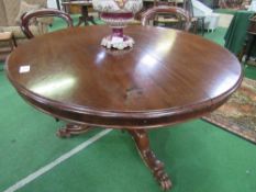 Victorian mahogany circular tilt-top table on heavy turned column to 3 shaped feet to casters,