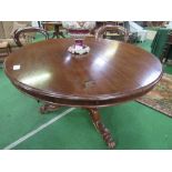 Victorian mahogany circular tilt-top table on heavy turned column to 3 shaped feet to casters,