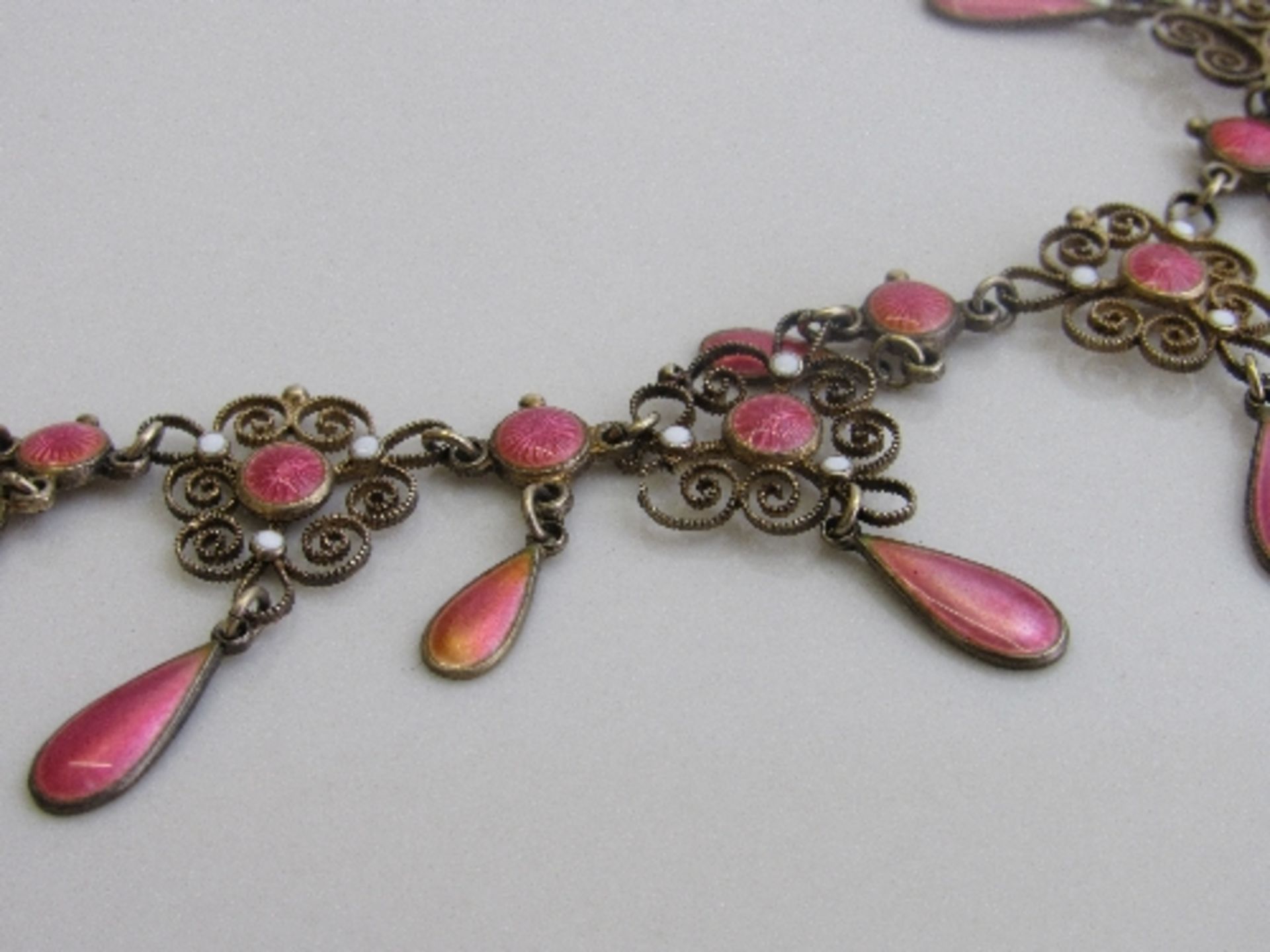 Art Nouveau Marius Hammer Norway 930 silver & pink enamel filigree drop necklace, length 42cms. - Image 2 of 4