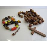 Wooden rosary & necklace of native coloured beads. Estimate £10-20