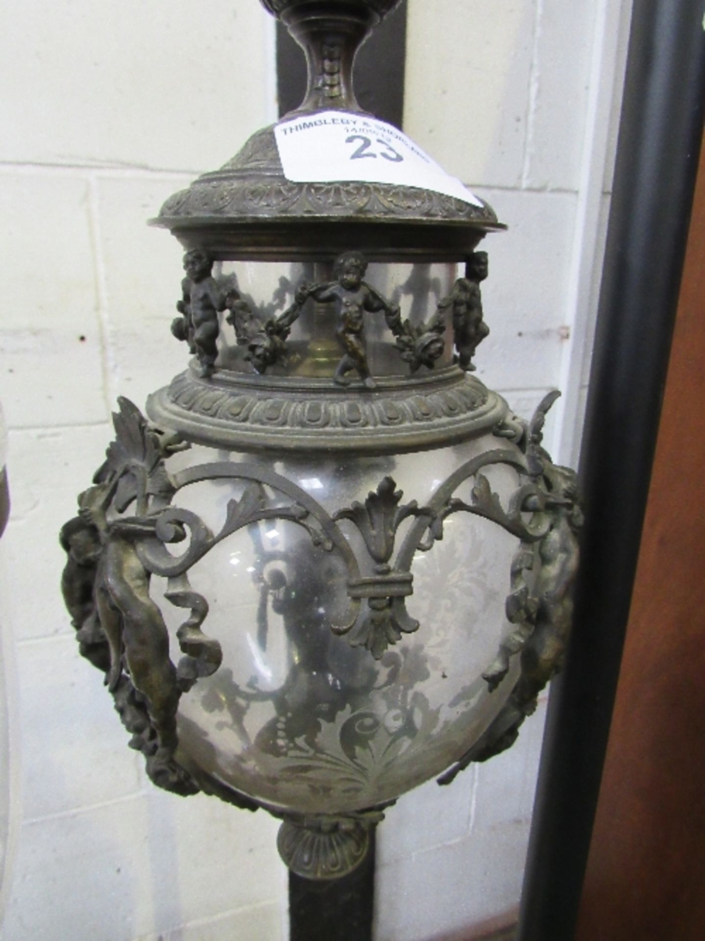 Victorian brass decorated etched glass hanging lamp. Estimate £50-80
