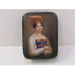 Lacquered box with a portrait of a Russian lady on the lid. Estimate £20-30