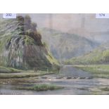 Decorative framed & glazed print of mountain & river scene, signed H Hadfield Cubley
