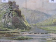 Decorative framed & glazed print of mountain & river scene, signed H Hadfield Cubley