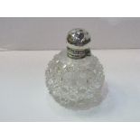 Large Victorian hobnail cut crystal glass perfume bottle with hallmarked silver hinged lid. Estimate