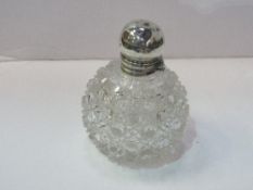 Large Victorian hobnail cut crystal glass perfume bottle with hallmarked silver hinged lid. Estimate