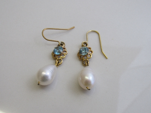 Blue Zircon & seed pearl drop earrings. Estimate £250-280