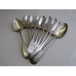 9 silver dessert spoons, hallmarked Edinburgh 1815, engraved with Ronald family coat of arms, weight