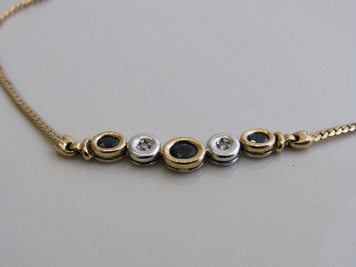 9ct gold, diamond & sapphire necklace, length 44cms, weight 5.7gms. Estimate £220-250 - Image 2 of 3