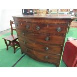 Victorian mahogany bow front chest of 2 over 3 graduated drawers, 110cms x 58cms x 106cms.