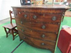 Victorian mahogany bow front chest of 2 over 3 graduated drawers, 110cms x 58cms x 106cms.