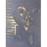 Original picture of a female head in Egyptian style, dedicated 'To Victoria with love Rolf' by