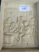 2 ceramic plaques depicting interiors of a tavern with figures, 28cms x 21cms. Estimate £20-30