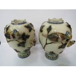 A pair of Zsolnay Pecs vases, no. 1170, highly decorated with applied birds, foliage & flowers, a/f.