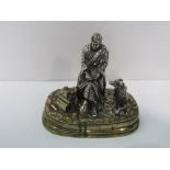 19th century French silvered figurine of a man & a dog, figure signed TB, 1872, on metal plinth.
