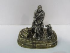 19th century French silvered figurine of a man & a dog, figure signed TB, 1872, on metal plinth.