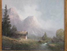 Oil on canvas in ornate gilt frame of mountain & cabin, signed by the artist. Estimate £40-60