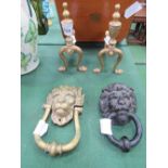 Pair of small brass fire dogs; brass lion head door knocker & 1 other. Estimate £20-30