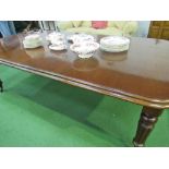 Mahogany wind-out extending table with 2 leaves & winding handle, 143cms x 119cms x 72cms.