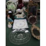 2 Royal Doulton figurines; ceramic mare & foal figurine; Royal Worcester cake stand; 4 small mirrors