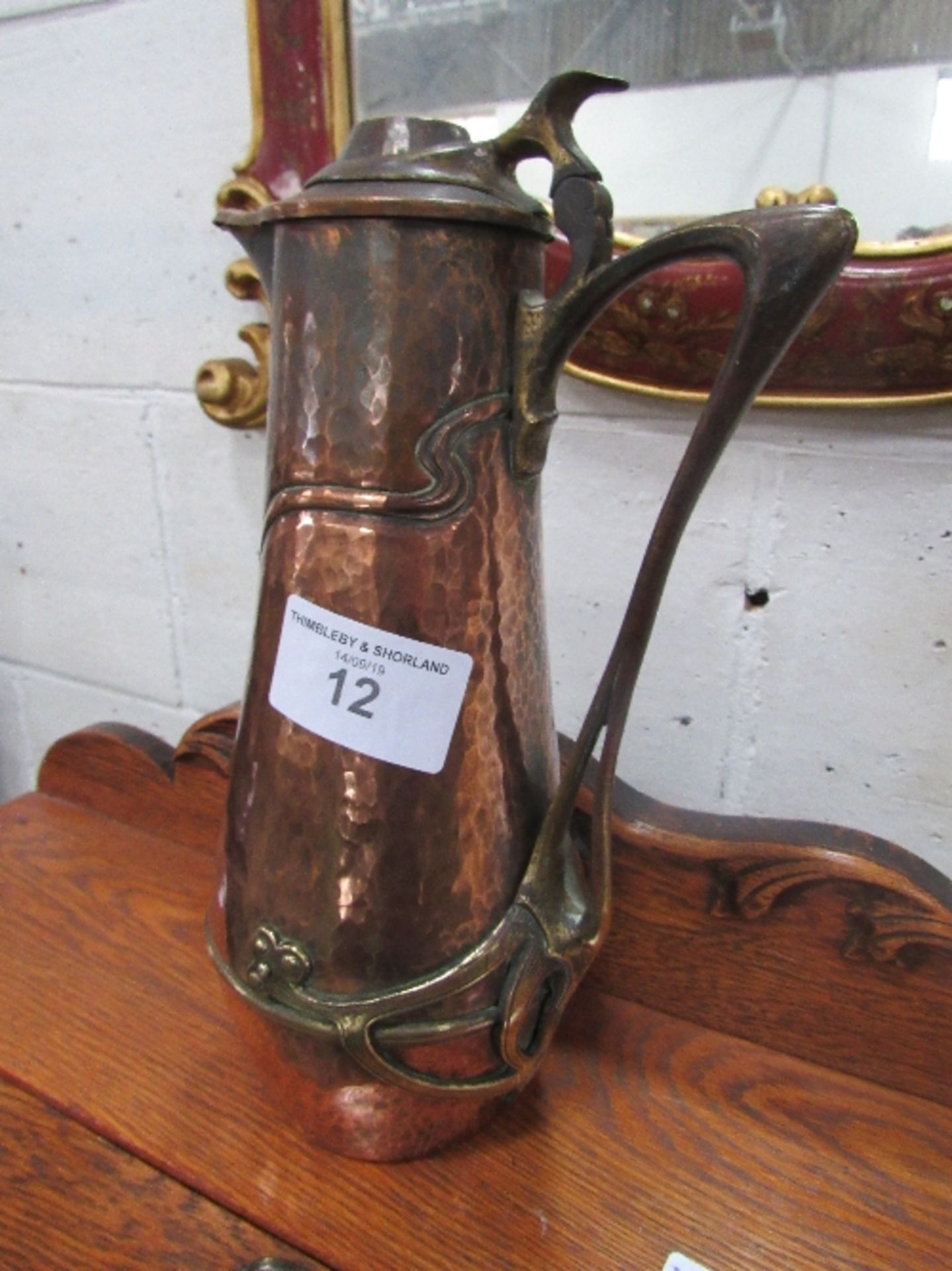 WMF Art Nouveau style copper & brass lid jug with sparrow beak, marks to base, height 33cms. - Image 2 of 4