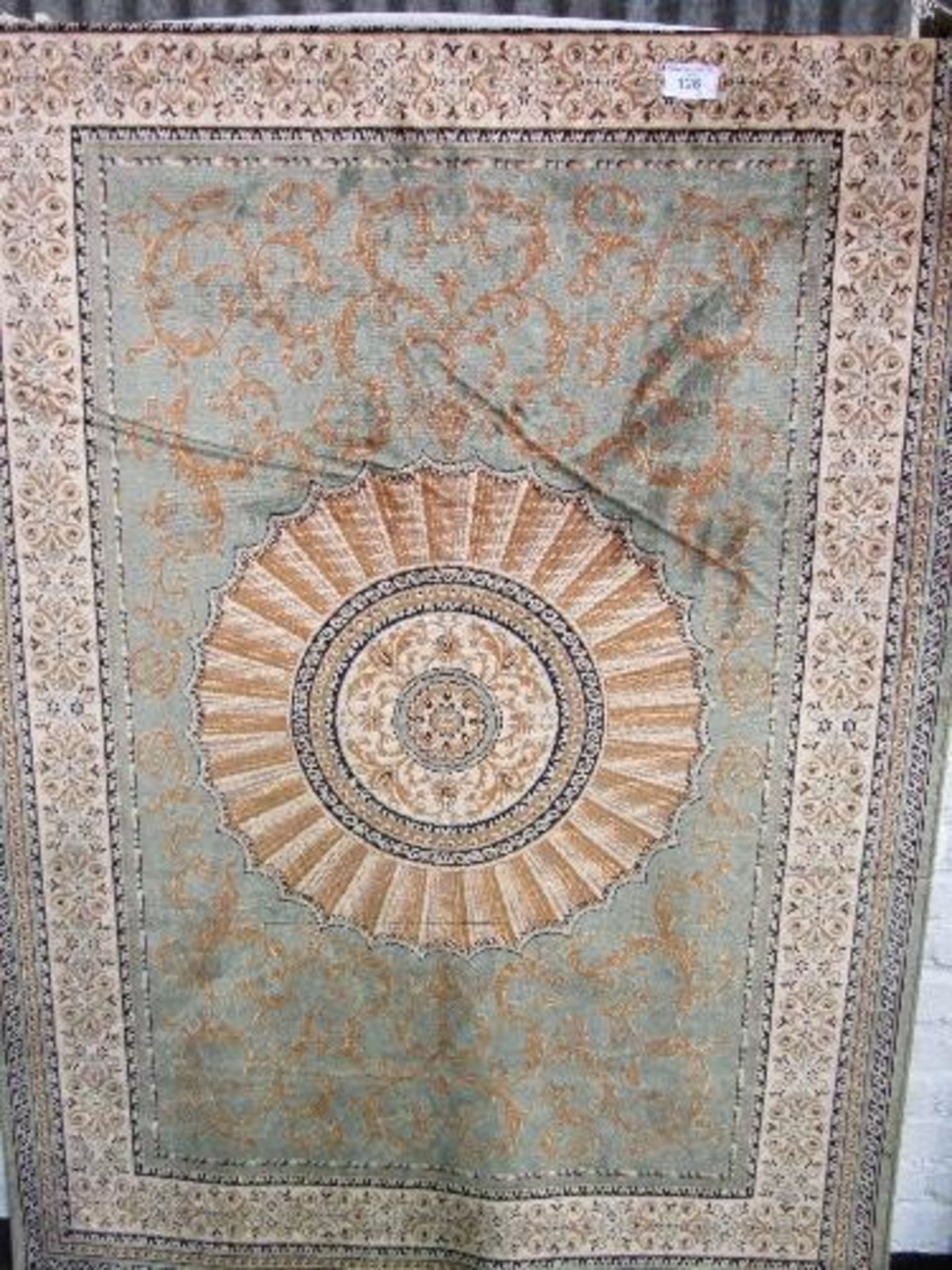 Green ground Abusson rug, 190 x 170. Estimate £30-40