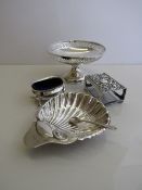 Silver scallop dish, hallmarks are faint, weight 2oz, 13cms diameter x 10cms; silver bon bon dish,