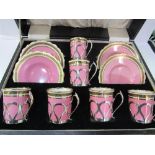 Part set of Aynsley pink & gold decorated coffee cans (6) & saucers (4),