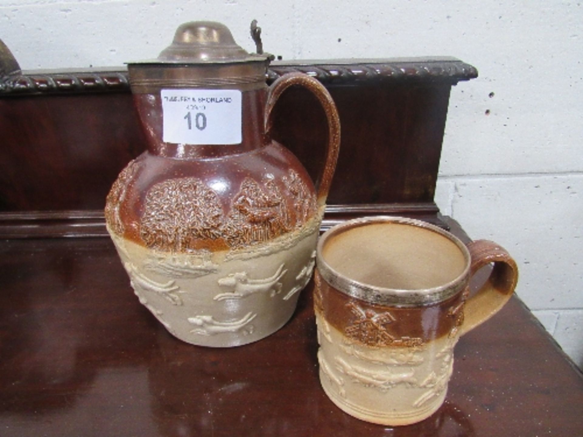 Salt-glazed tankard with silver rim & a lidded salt-glazed jug