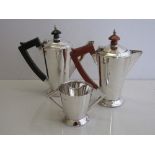 2 Art Deco style silver coffee & teapots with wooden handles & matching sugar bowl, Birmingham 1934,