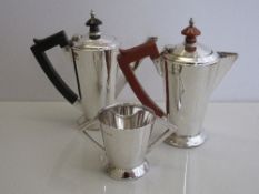 2 Art Deco style silver coffee & teapots with wooden handles & matching sugar bowl, Birmingham 1934,