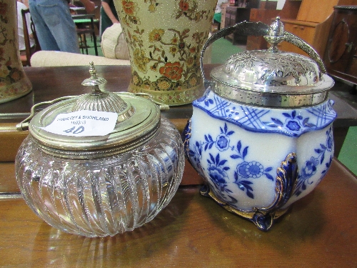 Glass biscuit barrel & a blue & white Doulton 'The Duchess' biscuit barrel. Estimate £20-30