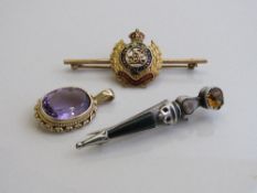 9ct gold tie pin with Arms of Royal Engineers Reign of George VI; decorative brooch with yellow