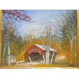Framed oil on canvas of covered bridge, Jackson, New Hampshire, signed Packer & framed oil on canvas