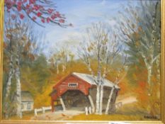 Framed oil on canvas of covered bridge, Jackson, New Hampshire, signed Packer & framed oil on canvas