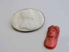 Cameo brooch of a classical gentleman together with a cameo-type lady's bust without a frame.